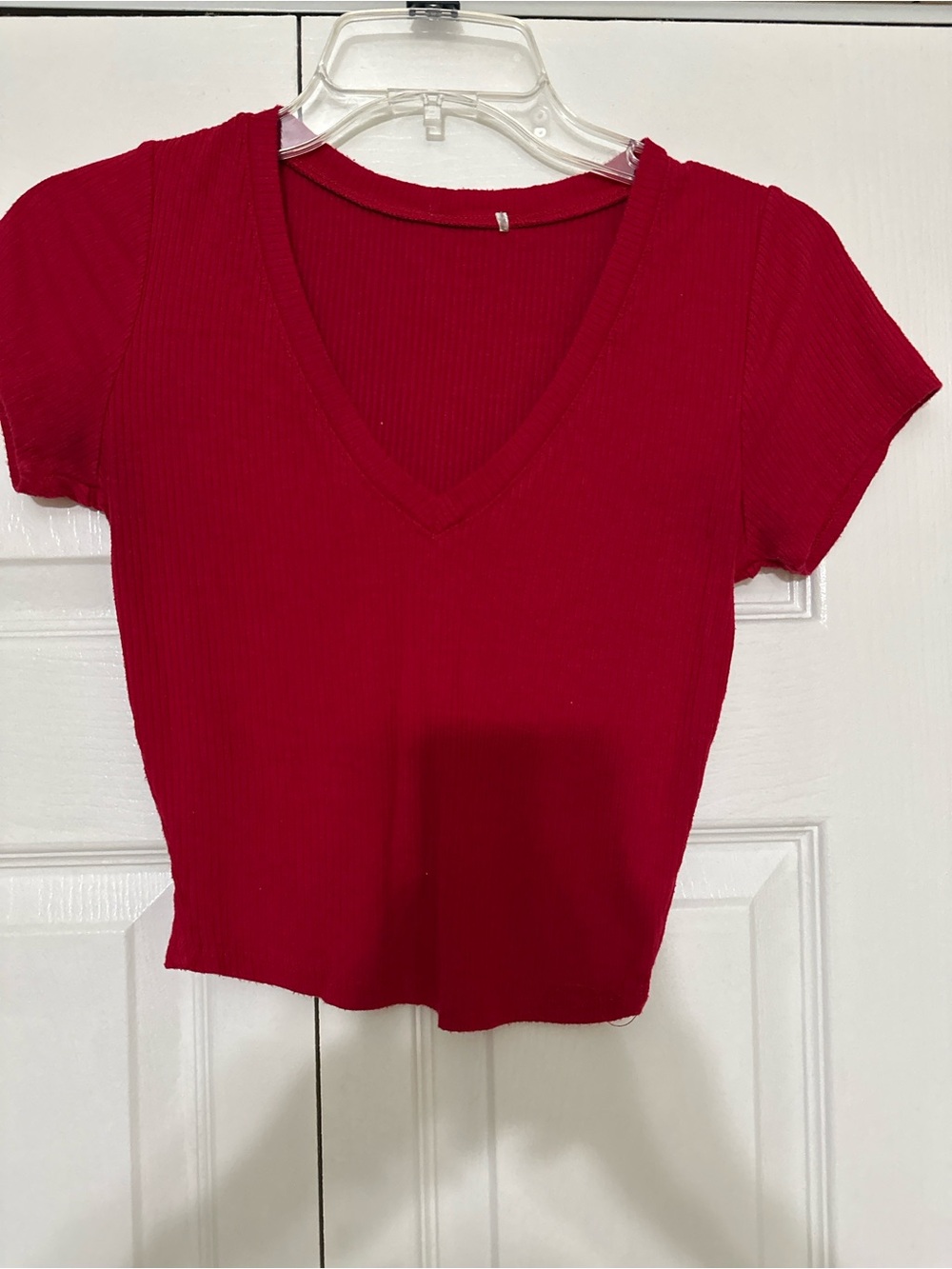 Red V-Neck Ribbed Short Sleeve Top